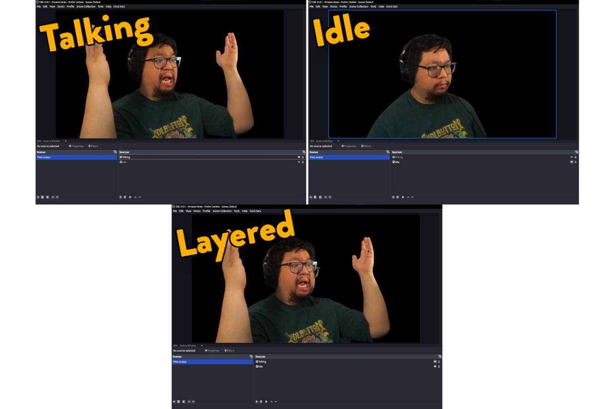 OBS image source setup for PNG avatar. Talking Image source is layered over the Idle Image source.